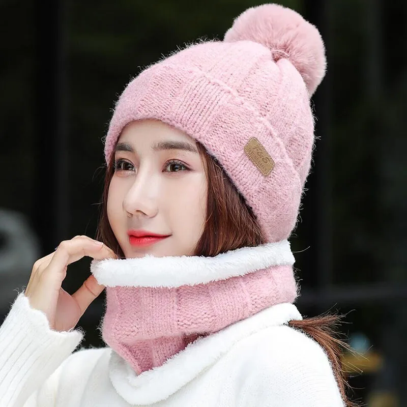 SUOGRY Hot Selling 2pcs Ski Cap And Scarf Cold Warm Leather Winter Hat for Women Knitted Hat Bonnet Warm Cap Skullies Beanies - Цвет: Hat scarf pink