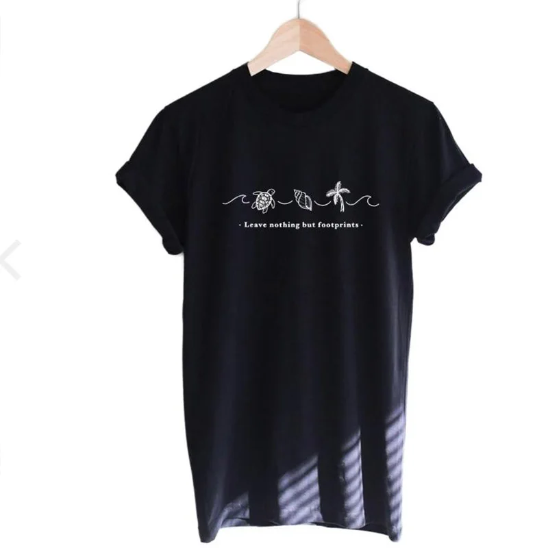 

Leave Nothing But Footprints T-shirt Cleanup The Beach Tshirt Women Fashion Skip A Straw Shirts Cotton Streetwear Tops Drop Ship
