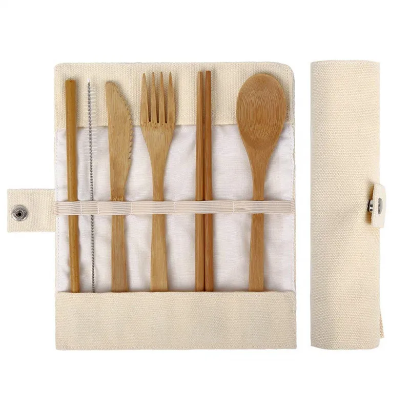 Dropshipping 7PCS Eco-friendly Wooden Cutlery Set Bamboo Straw With Cloth Bag Knives Fork Spoon Chopsticks Travel | Дом и сад