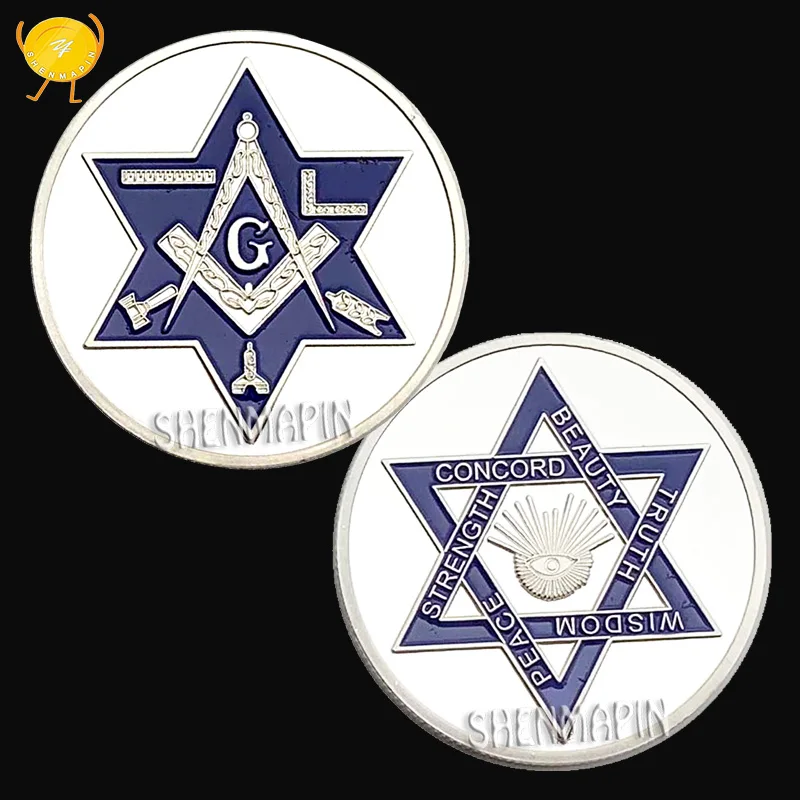 

Free-Mason Commemorative Coin One Open Eye Challenge Coin Concord Strength Peace Wisdom Truth Beauty Coins Collectibles Religion