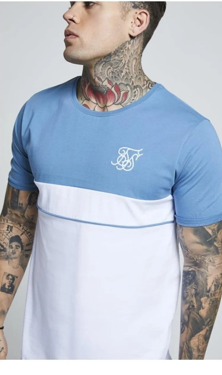 Сик шелка Сращивание футболка мужская одежда модная летняя одежда в стиле «хип-хоп» с закругленным краем, одежда из хлопка с О-образным вырезом с коротким рукавом обтягивающая рубашка