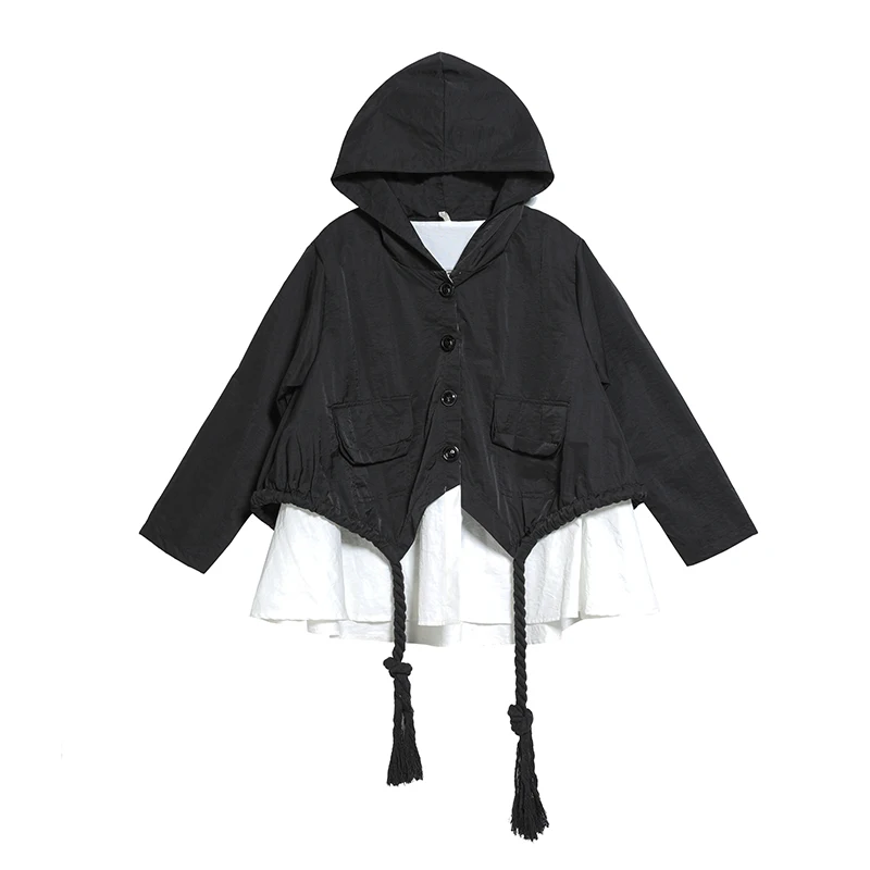 [EAM] Новинка, осенняя куртка с капюшоном и воротником, с длинным рукавом, с завязками, большой размер, на пуговицах, свободная Женская куртка, модное пальто, JY906 - Цвет: black