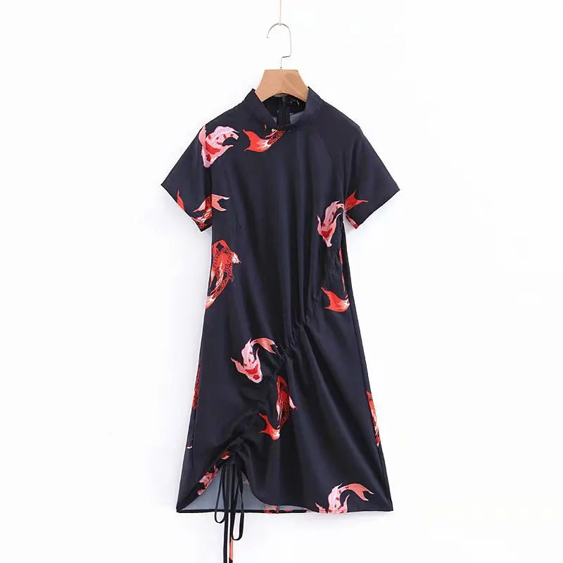 

Spring Summer New Products Vintage Improved Chinese Style Carp Floral Printed Dress Women's Slim Fit Drawstring Slimming Skirt