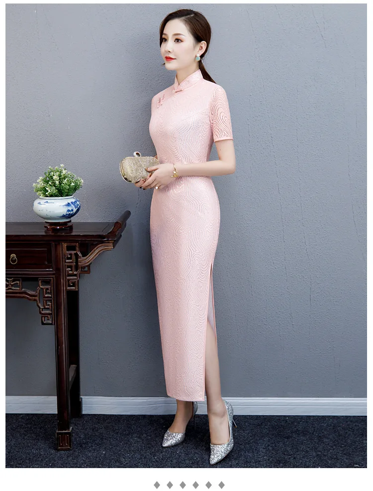 Ретро стиль Cheongsam длинное с коротким рукавом платье темперамент Qipao сексуальное Cheongsam кружевное платье Vestido модное платье