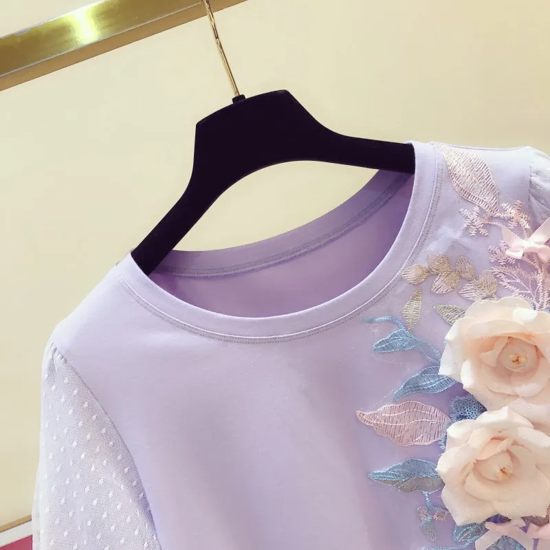 Tangan Kancing Tiga Dimensi Bordir Bunga Mesh Kembung Lengan Leher Bulat T Shirt Perempuan 2020 Musim Panas T Shirt Wanita Tee Top T Shirt Aliexpress