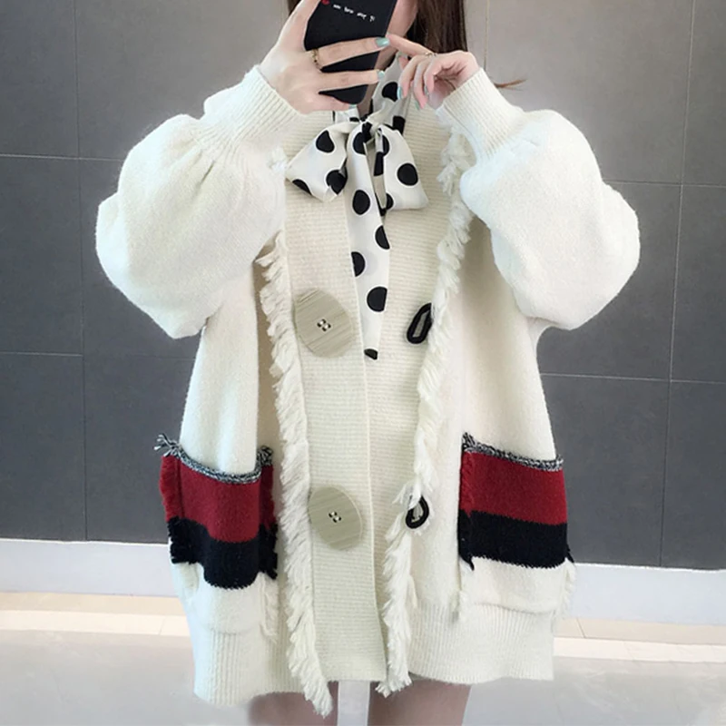 

Winter Women's Knitted Cardigan 2019 New Autumn Sweater With Buttons Long Lantern Sleeve V-Neck