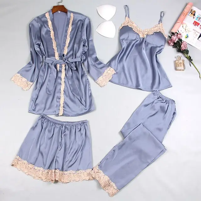 Smmoloa Female Silk Pjamas 4 Piece Sets Robe Sets Satin Nightwear - Цвет: Небесно-голубой