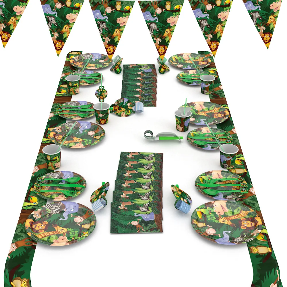 

Animal Theme Party Tableware Set Disposable Paper Plate Cup Tablecloth Happy Birthday Party Supplies For Kids Boys Girls