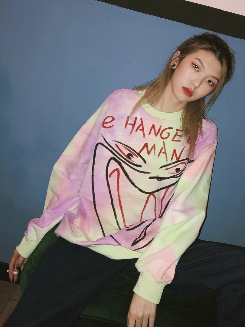 Уличный стиль tie dye graffiti женская Свободная Повседневная Толстовка с длинным рукавом в стиле хип-хоп для студентов BF