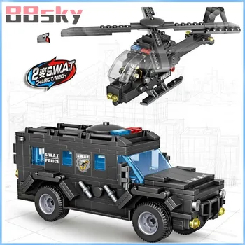

BBSKY Police Swat Building Blocks Helicopter Vehicle Bricks Military Model Set Action Figures Weapon Creative Boy Gift Toys C118