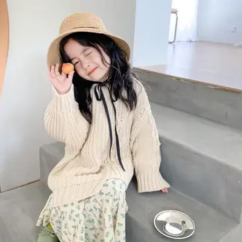 

Autumn And Winter Children's Sweater Fashion Girl's Knitted Sweater Pullover New All-match Solid Color Wool Tops