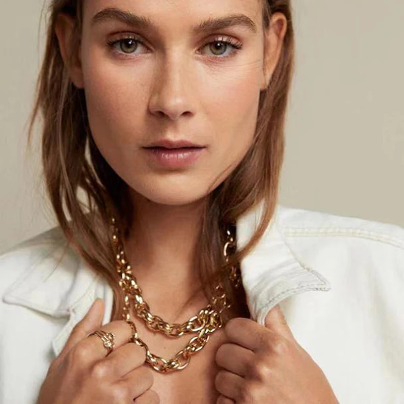

Solememo Trendy Golden Big Link Chain Necklace For Women Party Bar layered Collar Choker Necklace Jewelry Hot Wholesale N7042