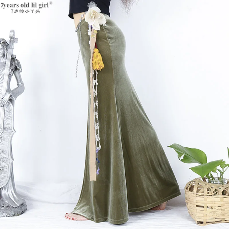 Бархатная одежда для танца живота, новая осенняя юбка с открытым разрезом, FMM01-04