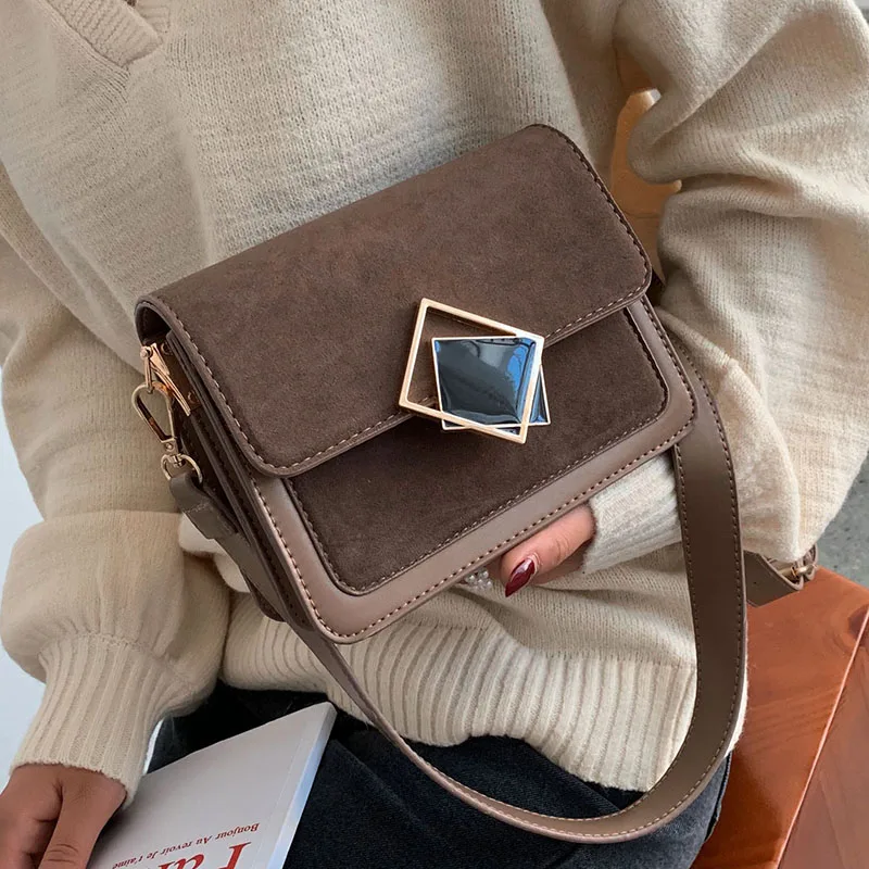 

Contrast Color Scrub Leather Crossbody Bags for Women 2019 Small Suede Shoulder Messenger Bag Lady Designer Luxury Lock Handbags
