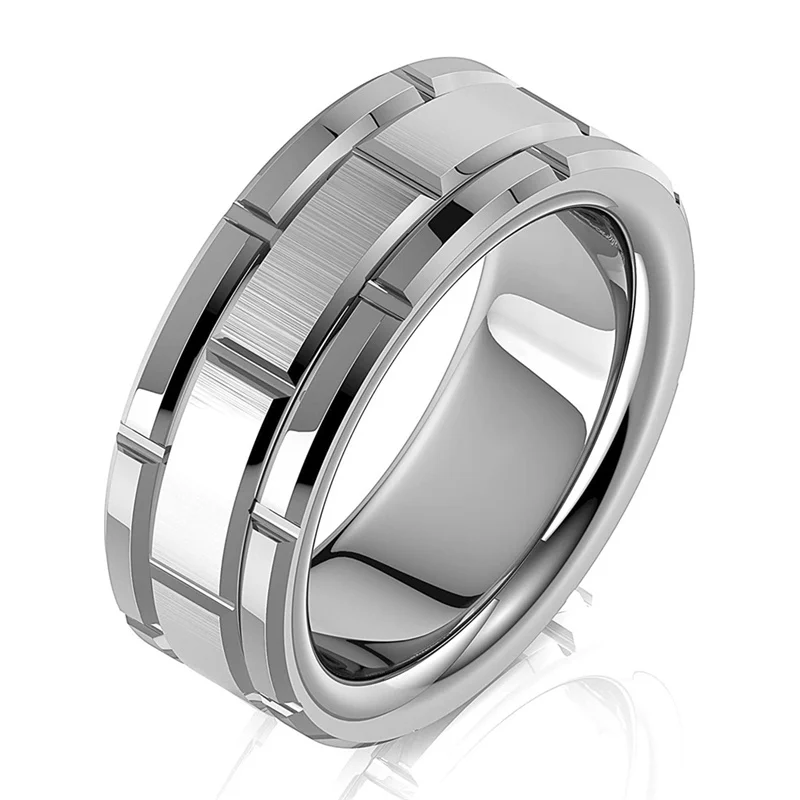 

8mm Men Ring Stainless Steel Brick Pattern Groove Ring Simple Fit Wedding Bands For Men Fashion Jewelry Accessories