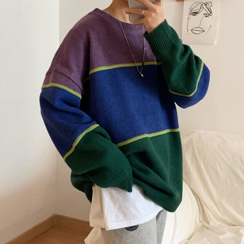 

2019 Winter Men's Tide Knitting Keep Warm Woolen Sweater Stripe Printing High-quality Cashmere Pullover Khaki/blue Color Coats