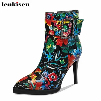 

Lenkisen national style fashion gorgeous print sheep leather pointed toe stiletto super high heels mature women ankle boots L20