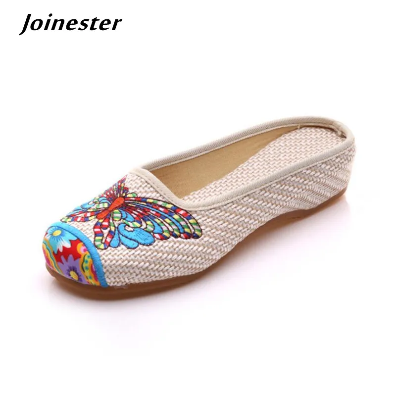 Women Canvas Slippers Embroidery Women's Slides Ethnic Style Leisure Slides Round Toe Casual Shoe Ladies Slip-on Beach Sandal