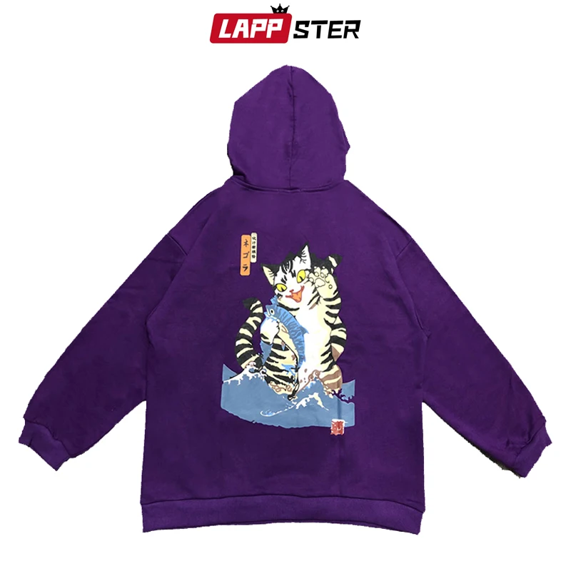 LAPPSTER Men Streetwear Funny Cat Hooded Hoodies 2019 Mens Hip Hop Harajuku Sweatshirts Male Korean Fashions Black Hoodie INS