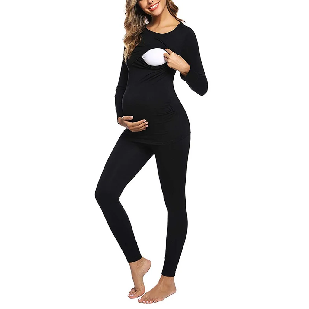 Женская рубашка с длинными рукавами для беременных и кормящих детей, топы+ штаны, пижамный комплект, костюм, одежда для грудного вскармливания
