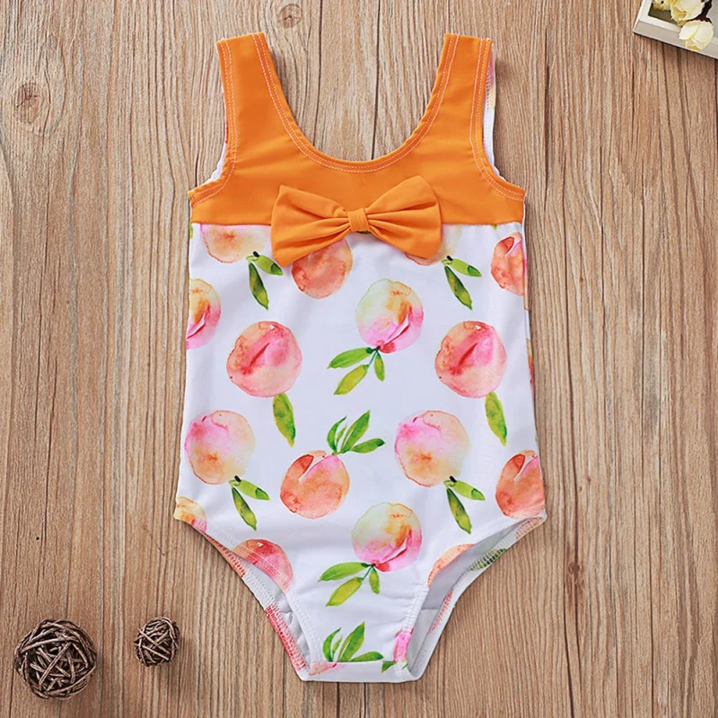 

Swimwear Baby Girls Cute Peach Print Bow Sleeveless Bodysuit Swimsuit For Kids 6 Months To 4 Years Old k