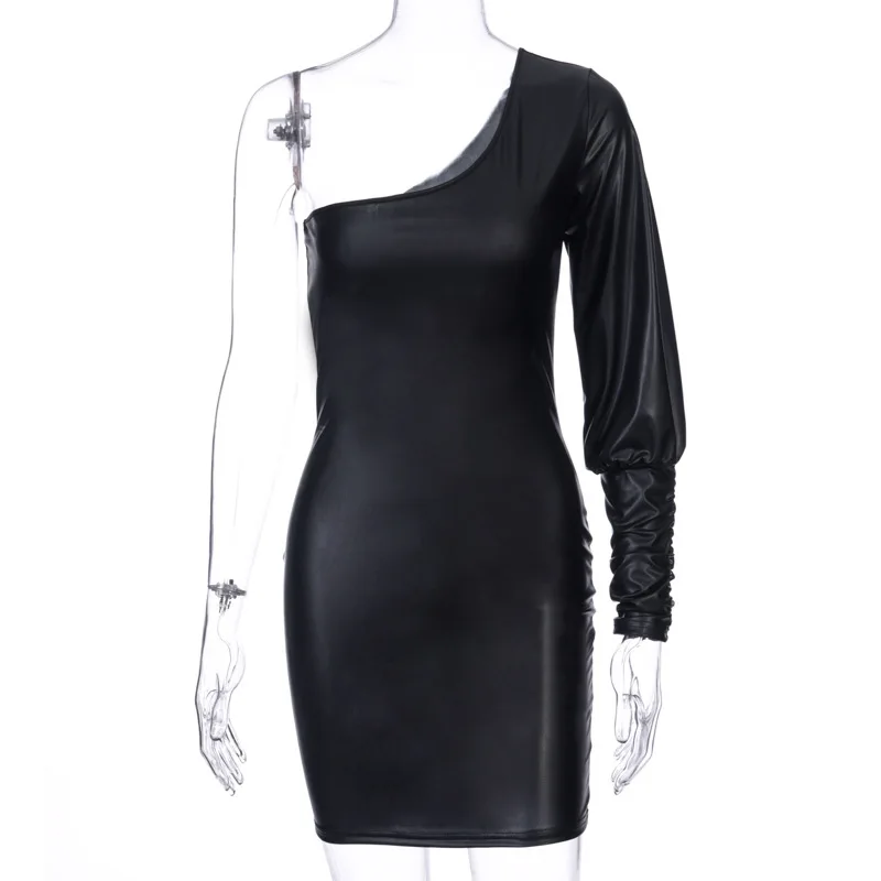 black Криптографическое Черное мини-платье из искусственной кожи на одно плечо дамское сексуальное с открытой спиной модное платье для вечеринки Клубная одежда - Цвет: black