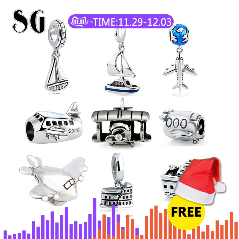 

SG aircraft Charm with little Cruise ship Charm bead 925 Sterling Silver Charms for DIY Charms fashion Bracelet women gifts