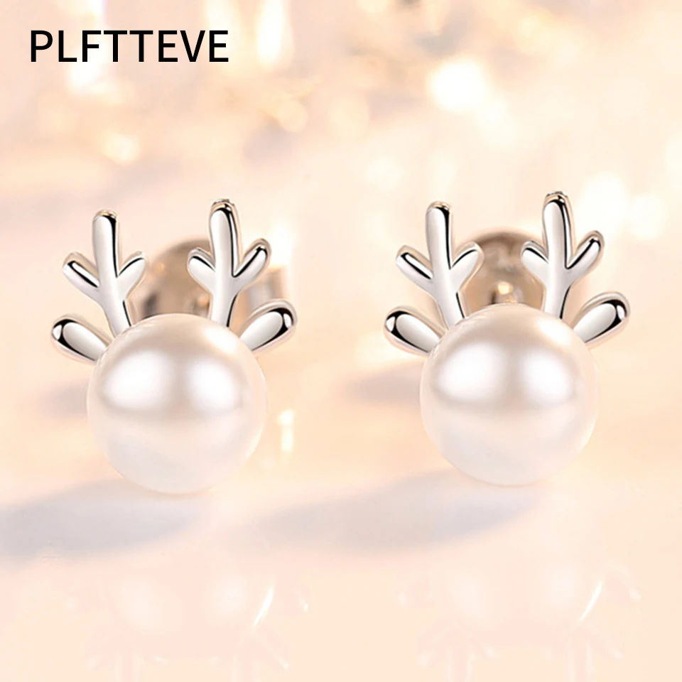 

Imitation Pearl Antlers Stud Earrings For Women Girls Rose Gold Silver Color Female Small Earring Fashion Christmas Ear Jewelry