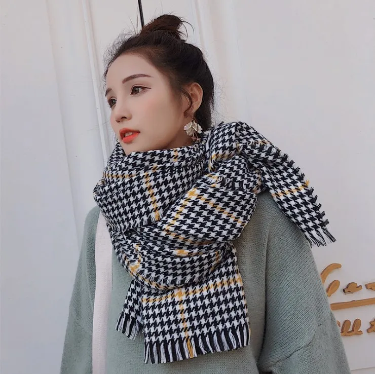 

Vintage houndstooth lady scarf wool scarf 2019 autumn and winter warm shawl dual-use classic British plaid scarf 017