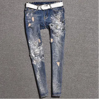 

2020 spring autumn fashion women jeans New beading hole embroidered flower skinny pencil jeans