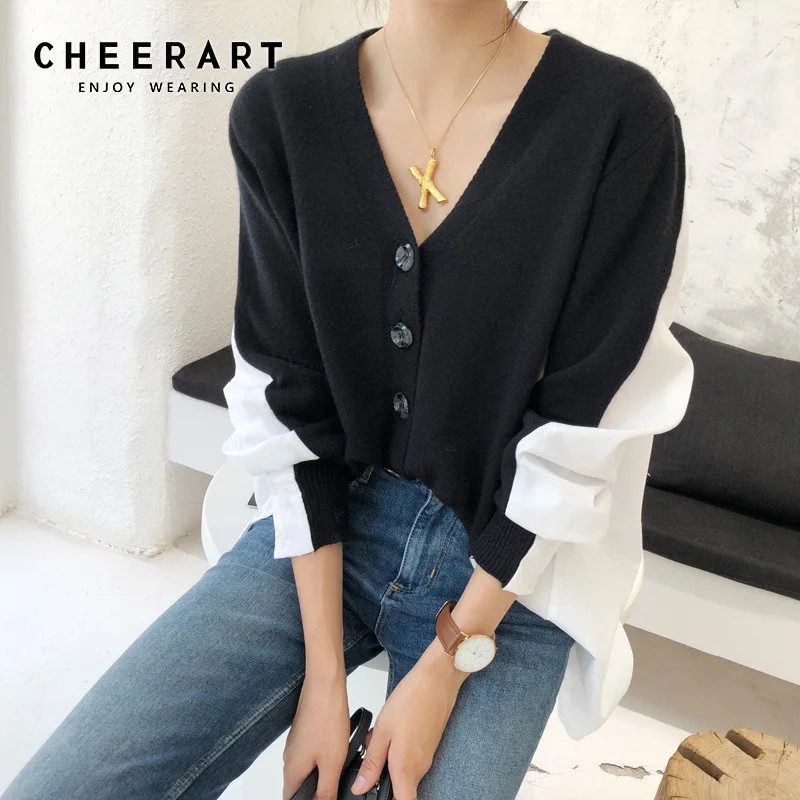 

Cheerart Korean Cardigan Sweater Women Knitted Patchwork V Neck Sweater Oversized Loose Sweater Cardigan Femme Clothing