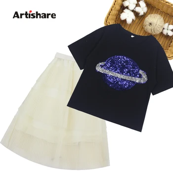 

Girls Clothes Summer Sequin Shirt + Shorts 2PCS Clothes For Kids Girl Newest Teenage Children's Summer Suits 6 8 10 12 13 14