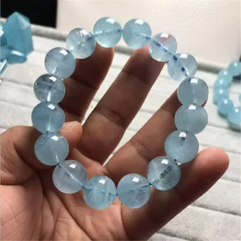 

14mm Genuine Natural Clear Blue Aquamarine Bracelet For Women Lady Stretch Round Beads Crystal Fashion Bracelet Jewelry AAAA