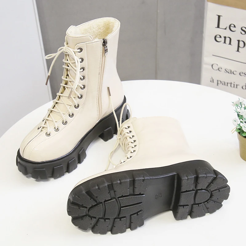 women's patent leather warm plush motorcycle boots autumn winter fashion thick platform lace up ankle boots female shoes