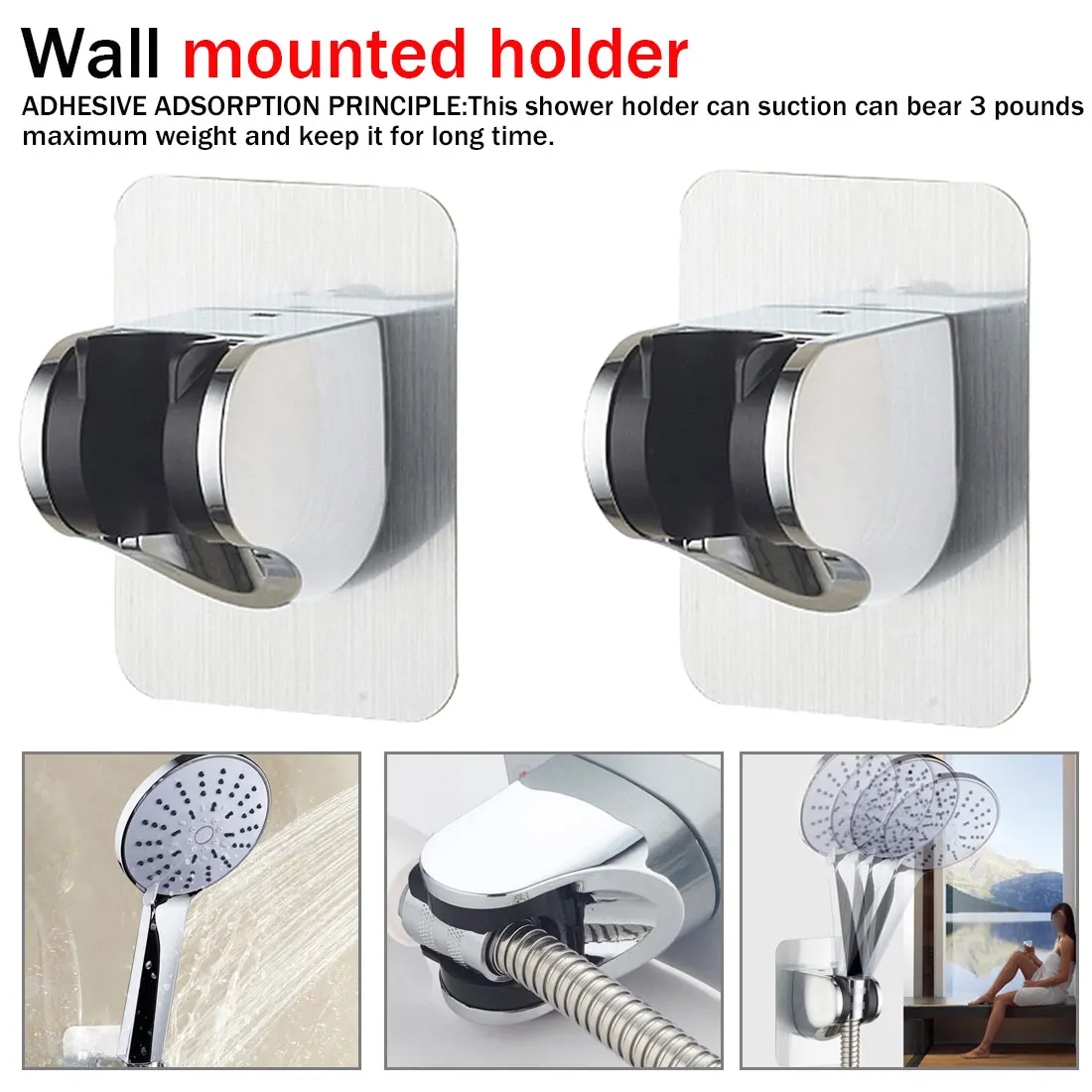 

Wall Mounted Bathroom Shower Bracket Adjustable Self-adhesive Suction Cup Chrome Polished Shower Head Holder