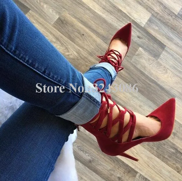 

Wine Red Suede Lace-up Stiletto Heels Pumps Sexy Cross-tie Elegant Ladies Dress Shoes Pointed Toe Large Size Women High Heels