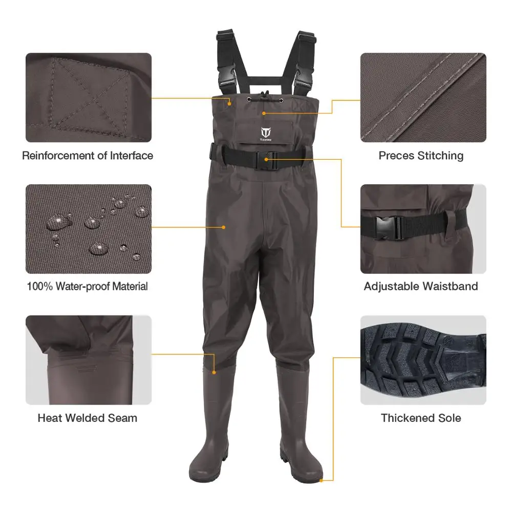 TideWe Brown Chest Waders Waterproof 2-Ply Nylon/PVC Multi-purpose Fly Fishing Hunting Waders Pants for Men and Women