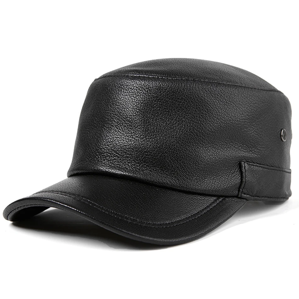 Black cap LA SPEZIA, черные шапки в стиле милитари, мужские шапки из натуральной овечьей кожи, армейская Кепка s, Мужская Регулируемая шапка на осень и зиму, Классическая кожаная кепка - Цвет: Black cap