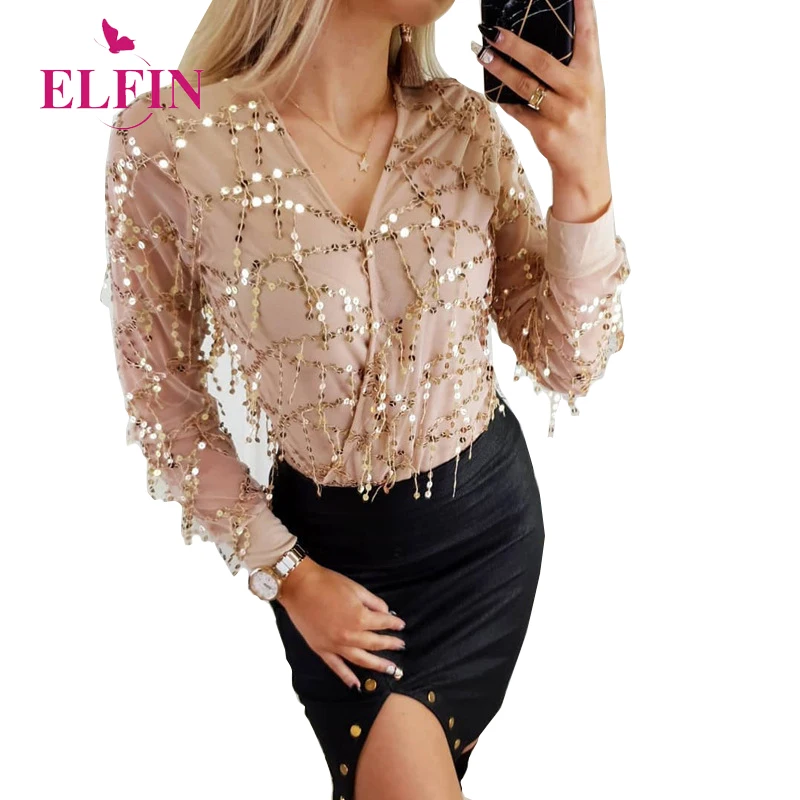 

Sequined Women Blouse See-through Sexy Tops V-neck Mesh Tops Vintage Shirt Long Sleeve Autumn Blouses Woman 2019 SJ4334R
