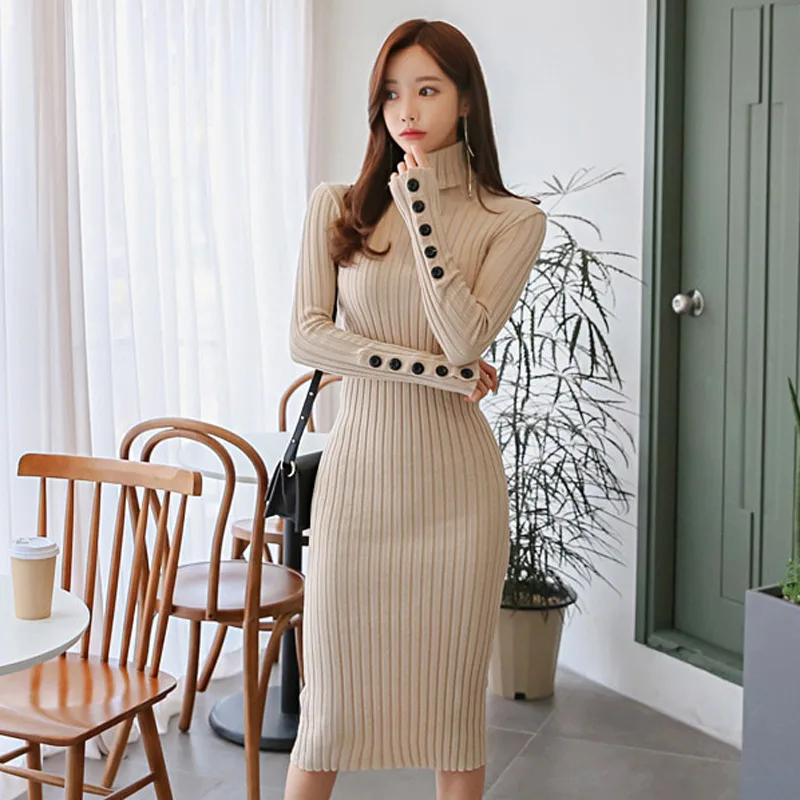 Spring Buttons Turtleneck Female Knitted Dress Women Stretch Elastic Skinny Sweater Casual Long Vestidos 2019 | Женская одежда