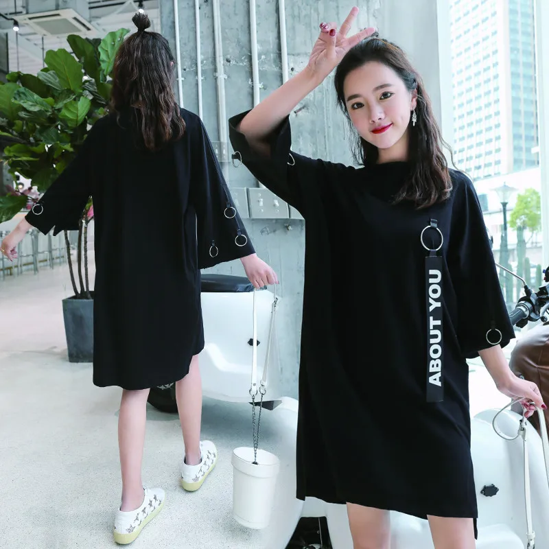 

2019 New Style Large Size Dress Korean-style Cool Circular Ring Non-symmetrical Three-quarter-length Sleeve T-shirt Dress