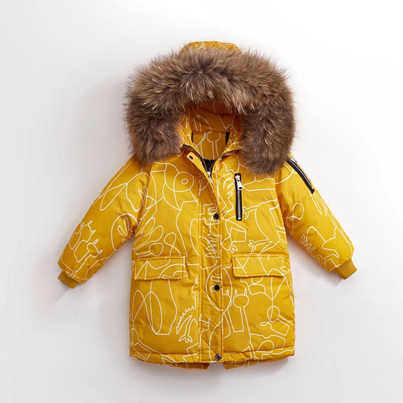 New Winter Kids Boys Down Coat With Fur Collar Graffiti Kids Girls White Duck Down Jackets Thicken Children Outerwear Coat