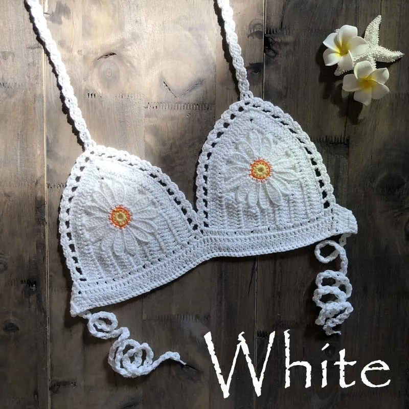 White Вязанное крючком бикини, 9 цветов, сексуальный бикини, топ, женский, с бретелькой на шее, укороченный топ, v-образный вязаный крючком, летняя мода, бикини, кружевной бюстгальтер с вырезами - Цвет: White
