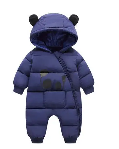 navy blue Теплая зимняя одежда для маленьких мальчиков и девочек, зимние комбинезоны с капюшоном для новорожденных, комбинезон с принтом панды для новорожденных, Утепленные зимние ползунки - Цвет: navy blue