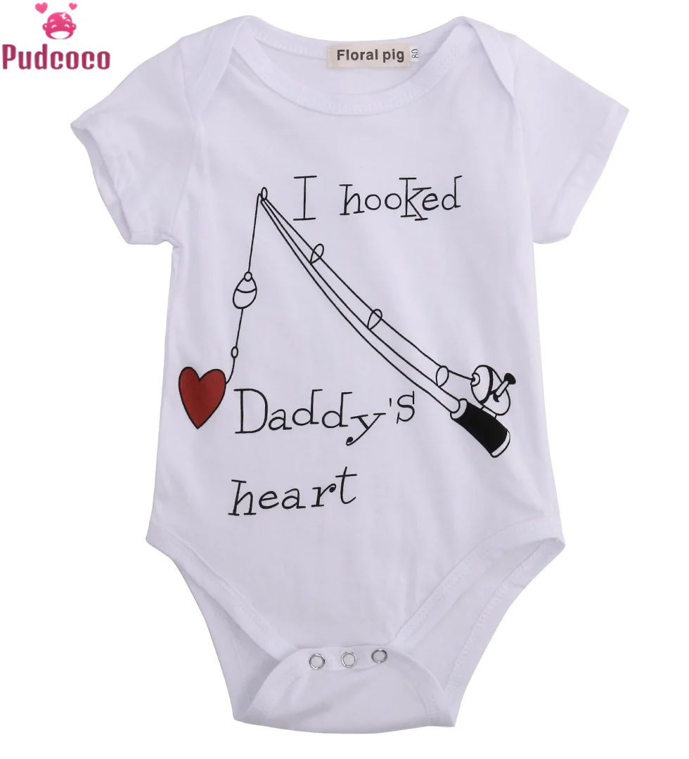 

Summer Infant Baby Girl Boy Romper Printed Letter I Hooked Daddys Heart Newborn Clothing Baby Jumpsuit 6-24M