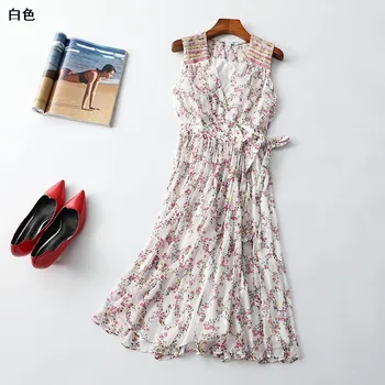 

New 218316 women s summer V collar head without zipper sleeveless long silk dress