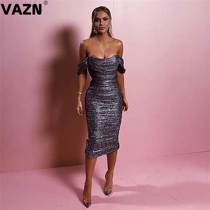 VAZN, горячее предложение, открытая спина, волнистое, сексуальное, Клубное, неопрятное, модное, без бретелек, короткий рукав, высокая талия, женское, тонкое, миди платье