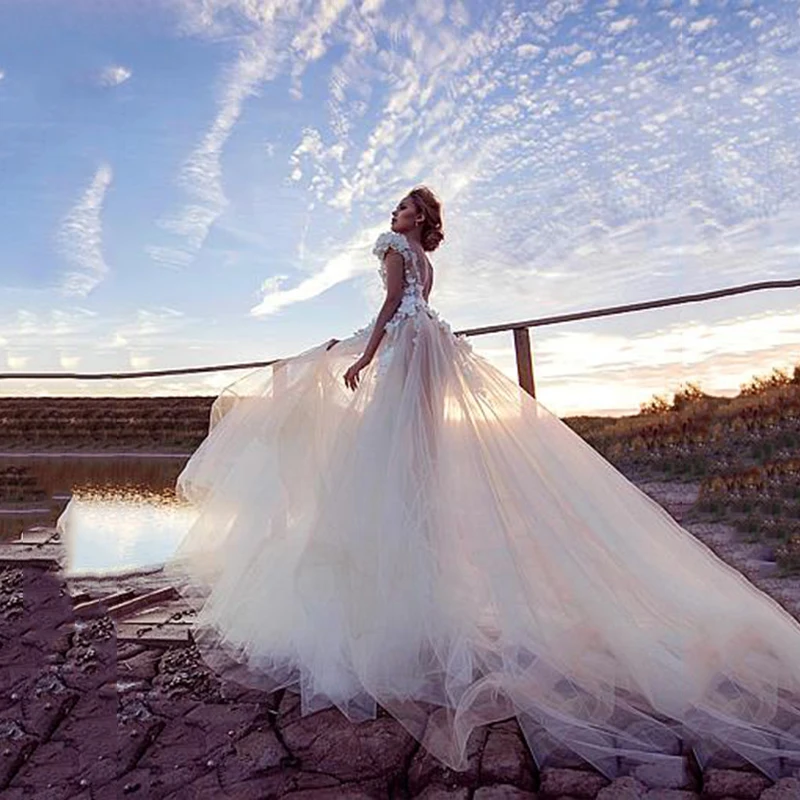 Champagne Boho Wedding Dresses luxury Sexy Backless Princess Bridal Dress Lace Appliques 3D Flowers Beach Long Wedding Gown 2
