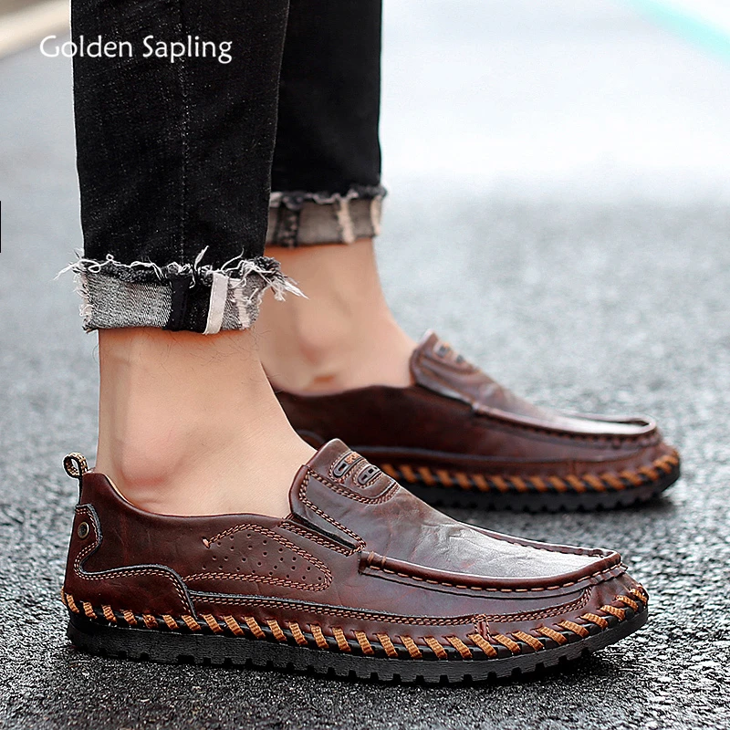 Mocasines de piel auténtica para hombre, zapatos informales a la de ocio, sin cordones, para conducir, estilo Retro, clásicos, Golden Mocasines| - AliExpress