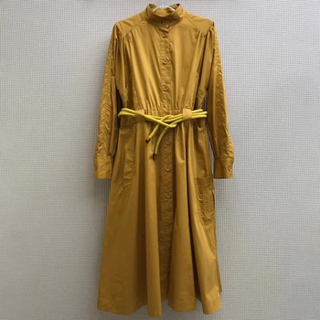 

Korean cotton Solid Yellow Long sleeve blouse women tops and Sashes blouses female haut femme blusa long shirt